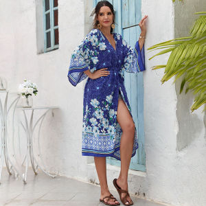 2024 Pareo bãi biển Áo dài in họa tiết cho Belted kaftan phong cách boho đi biển mùa hè Cardigan Bộ Đồ Tắm Bìa UPS cỡ lỡn