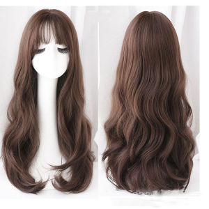 [YAN K] Long Curly Hair Wig with Air Bangs Women Girls Big Wave Natural Hair Extension Full Headgear Fluffy Hair Wigs