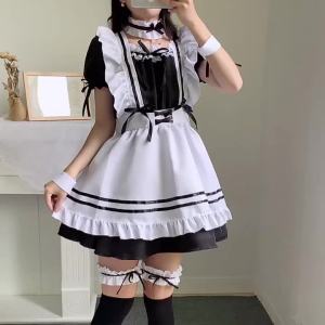 2023 đen trắng Tạp dề đáng yêu Lolita trang phục trợ lý phụ nữ đẹp cosplay hoạt hình người giúp việc ăn mặc dài đến đùi