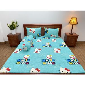 Bộ ga giường Drap nệm Thun Lạnh Hàn Quốc 4 món họa tiết Helo Kitty (1 ga bọc + 2 vỏ gối nằm + 1 vỏ gối ôm)