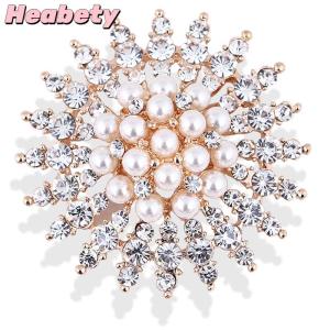 Heabety Rhinestone Flower Brooches Pearl Classic Brooch Pins Women Jewelry Accessories