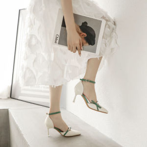 Huilm Ladies High Heel High Heel 2 Inch White High Heel Shoes Summer 2024 Comfortable Versatile One Word Buckle French Pointed Toe Thin Heel Bridesmaid Shoes Banquet Shoes Heeled Sandals