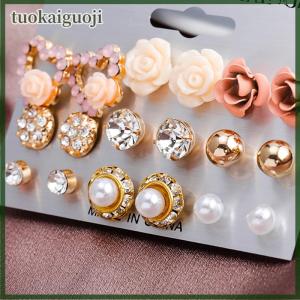 tuokaiguoji 9 cái bộ của phụ nữ pha lê ngọc trai hoa tai đinh tán Bông tai trang sức thanh lịch quà tặng