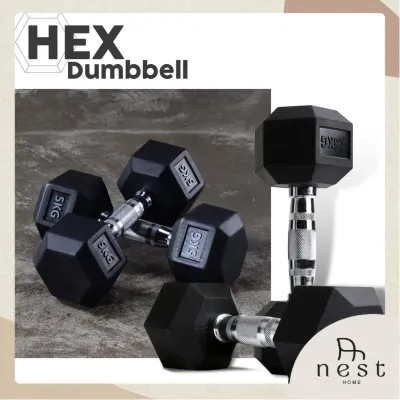 🇸🇬NestHome🇸🇬 Rubber Coated Hex Dumbbell 8-30KG with Contoured Chrome Handle - Dumbbells hexagon dumbbells