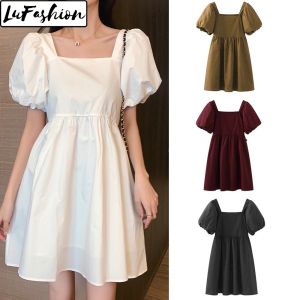 Dress Women Korean Style Square Neck Short Sleeve Casual Dresses