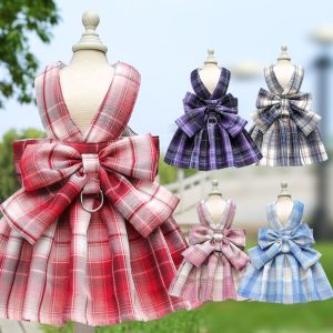 PETPARADIS Thin Dog Plaid JK Dress with Leash Traction Comfortable Pet Harness Skirt Practical Adjustable Pet Vest Clothes Puppy
