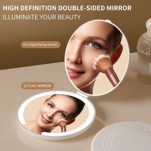 15MIN Rechargeable LED Makeup Mirror Round Shape Tri Colored Light Portable Mini Mirror Convenient Simple Folding Makeup Mirror Daily