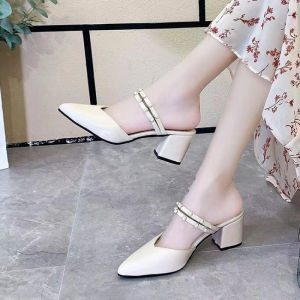 [Free Shipping] 2026 Summer New Style Chunky Heel Pointed Toe Sandals For Women Soft Leather High Heel Closed-Toe Slippers For Outdoor Wear