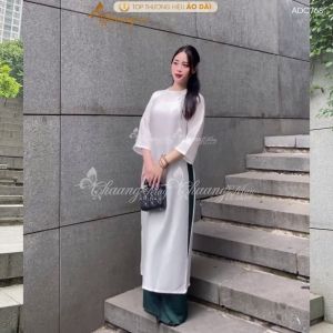 Áo dài Gấm Trắng cách tân nữ dáng suông xưa Chaang may sẵn áo dài xuông rộng nơ bầu dự tiệc cưới hỏi lễ tết đẹp AD768