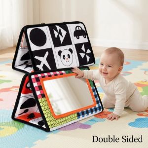 Double Sided Baby Floor Mirror Black White High Contrast Montessori Sensory Toy Foldable With Teether For Tummy Time Newborn Crawling Activity
