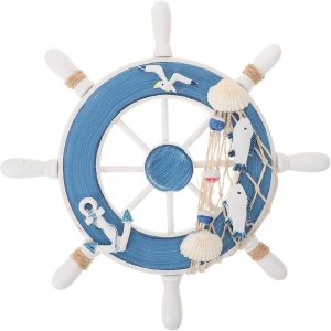 ARTIBETTER 23CM Nautical Steering Wheel Vintage Wooden Rudder Boat Wheel Fishing Net Wall Sculpture Ornament for Beach Theme Home Decor
