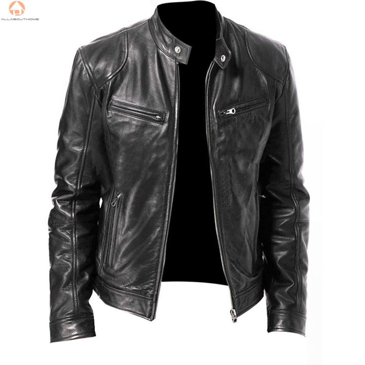 Men's Stand Collar Leather Jacket Slim Fit Zip-Up Retro Motorcycle