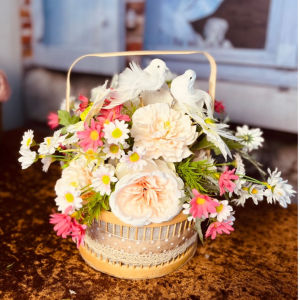 Hoa Giả Giỏ Hoa Lụa Giả Mây Đan Trang Trí Nhà Cửa Văn Phòng Làm Đạo Cụ Chụp Ảnh- (Mẫu 27-Dáng Tròn Chim Trắng Hồng)