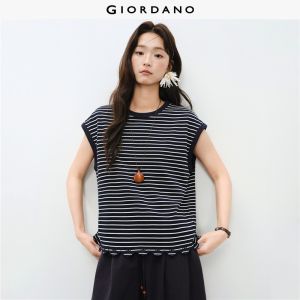 Giordano Women Embroidered hem striped cap sleeve cotton tee Free Shipping 18326712