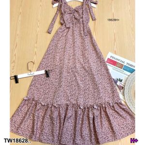 CH18628✨เดรสยาวสายเดี่ยวผูกไหล่2ข้าง ลายดอกไม้เก๋ไก๋