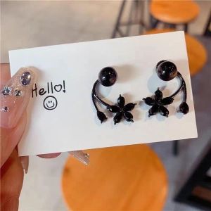 Imitation Enamel Simple Black Flower Dual-wear Stud Earrings Temperament Wild Light Luxury Earrings