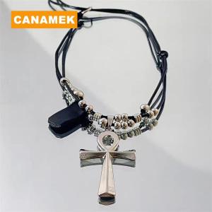 【CANAMEK】 Y2K Retro Metal Cross Pendant Necklace For Women Girls Punk Gothic Black Rope Long Sweater Chain Fashion Party Jewelry Gifts