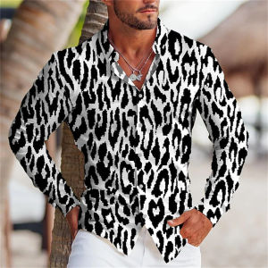 2026 new mens shirt leopard pattern lightened white casual long-sleeved button top clothing fashion design is comfortable.