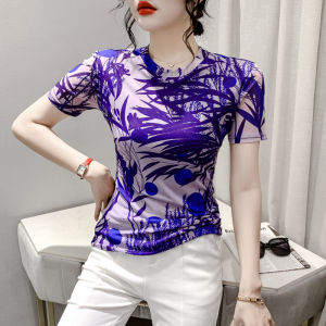 YIMEI Đẹp Áo Phông In Hình Nữ 2023 Ngắn Tay Thời Trang Mùa Hè Áo Lưới Cổ Tròn Ngắn Tay Cổ Ôm Vừa Dáng Ôm Thời Trang Áo Thời Trang