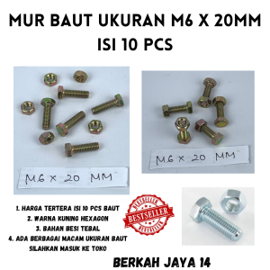 BAUT M6X20 MM ISI 10 PCS WARNA KUNING HEXAGON HEX BMK MUR BAHAN BESI TEBAL HARGA MURAH BERKUALITAS PROMO DISKON TERLARIS