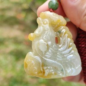 Premium Quality Yellow and Green Natural Type A Jadeite Jade crafted as Rooster with Ruyi as pendant necklace with certificate weigh 17.7 grams measurement 41.6 * 34.8 * 7.5 mm (pendant208)