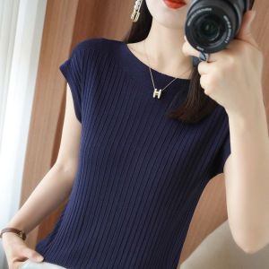 Summer Ice Silk Knitted T-Shirt Womens Summer Slim Fit Tops Round Neck Lightweight Short Sleeve Tops for Women