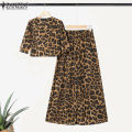 Celmia ZANZEA Women Two-piece Outfits Street Fashion Puff Sleeve Cropped Top Wide Leg Pants Leopard Print Sets #0714. 