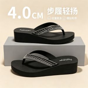 Free Shipping Fashionable Rhinestone Flip-Flops For Women Summer Outdoor Wear Mid-Heel Platform Thick-Soled Non-Slip And Durable Beach Sandals