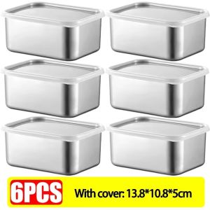 6Pcs Stainless Steel Crisper with Cover / Fresh-keeping Food Container / Picnic Bento Tray / Refrigerator Freezer Storage Box / Restaurant Kitchen Plate