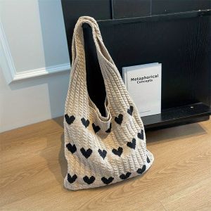 Love Heart Pattern Tote Bag Aesthetic Knitted Shoulder Bag Fashion Crochet Bag For Women Valentines Day Gift