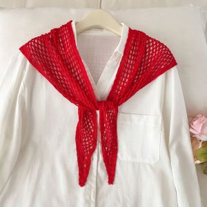 HULEQQI Solid Color Triangular Shawl Bohemian Y2K Silk Scarf Retro Headband Knitted Hollow Out Scarf Women