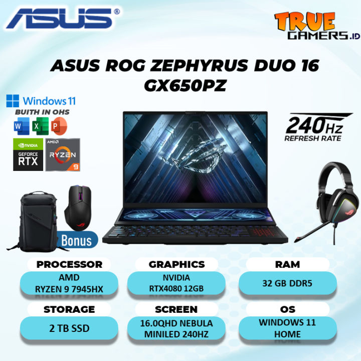 Laptop gaming Asus Rog Zephyrus Duo 16 GX650PZ RTX4080 12GB Ryzen 9 7945HX 32GB 2TB Win11 free OHS 16.0QHD 240HZ