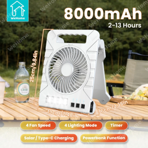 WeHome Solar Electric Fan with LED Light Rechargeable PowerBank 4-Speed Portable Fan for Camping & Home Use