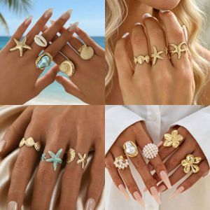 FLYING 3/5Pcs Metal Starfish Open Ring Set Gold Color Conch Finger Open Rings Vintage Adjustable Geometric Rings Jewelry