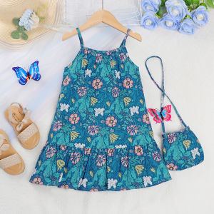 Bear Leader 2023ชุดเดรสสำหรับเด็กผู้หญิงพิมพ์ลายดอกไม้ป่าหลากสีเดรสเสื้อกั๊กแบบไร้แขน + กระเป๋าสไตล์ยุโรปและอเมริกาสำหรับฤดูร้อน