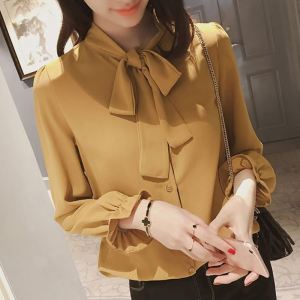 Korean Style Solid Color Retro Simple Shirts For Women Long Sleeve Chiffon Shirt Top kemeja perempuan Office Wear Women