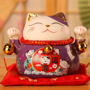 4.72×3.54×3.94in Cat Money Bank Cute Bring Luck Good Ceramic Fortune Cat Saving Pot Desk Decoration with Two Bells Piggy Bank Gift DeskToys(#2)