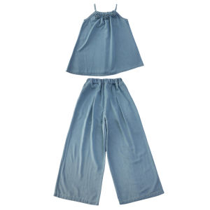 Teenage Girls Denim Suit Three Standing Flower Vest+Wide Leg Pants 2Pcs Summer Thin Children Clothing Sets for Kids New Outfits H260702