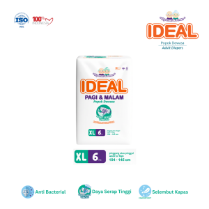 IDEAL Popok Dewasa Anti Bocor Nyaman Size XL Tipe Perekat isi 6 Lembar Adult Diapers XL6 Pinggang 104-145 cm