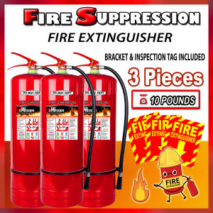 BUNDLE 10lbs DRY CHEMICAL ABC FIRE EXTINGUISHER 3 Pcs - Red color 10 pounds capacity includes bracket and inspection tag for fire safety use.