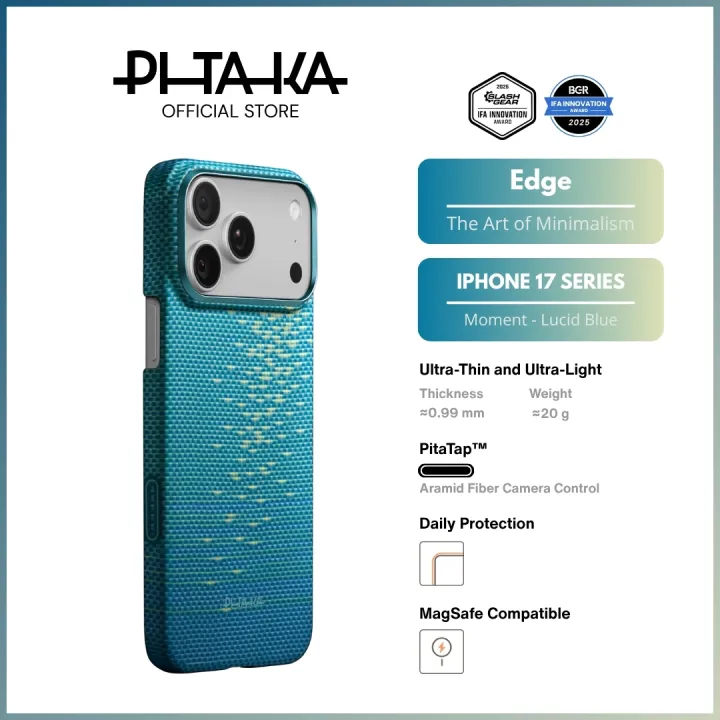 PITAKA iPhone 17 Pro/Pro Max - Ultra-Slim Edge Case - Magnetic/PitaTap™ Button (Lucid Blue)