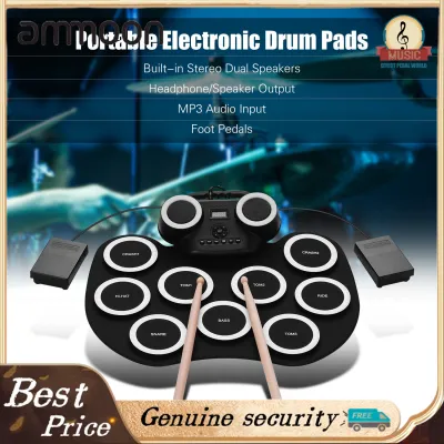 Portable Roll-up Electronic Drum Pad Silicon Digital Drum with Built-in Speakers Foot Pedals Headphone Monitoring