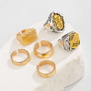 GENENIC 6Pcs/Set Geometric Open Rings Alloy Hip-hop Irregular Letter Rings Retro Thick Men Rings Male