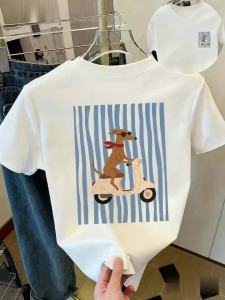 PLMM Women Korean Style Retro Striped Dog Print T Shirt Round Neck Short Sleeve Casual Summer Top Medium Elastic Fit Machine Washable Soft Cotton Tee for Everyday Wear