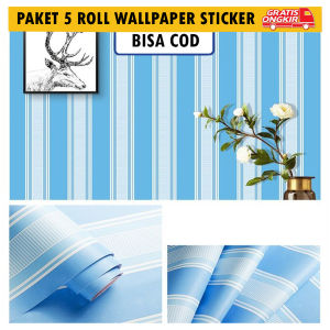 PAKET 5 ROLL Wallpaper Stiker Dinding Salur Biru Ukuran 45Cm X 4M Wallpaper Pvc