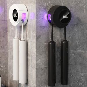 NOBLELUX Wall Mounted Smart Toothbrush Sterilizer Home Decor with 2 Brush Slots Air Drying Toothbrush Holder Portable Digital Display Toothbrush Cleaner Bathroom