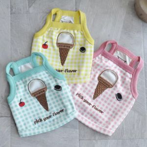 Dog Puppy Cat Small Dog Korea Ice Cream Dessert Pink Yellow Green Cotton Cute Checkered Crop Short Singlet Sleeveless Top Shirt