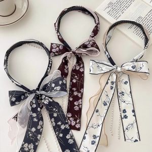 Korean Long Ribbon Headband  Summer Floral Braid Hair Band Pearl Ribbon Hair Hoop
