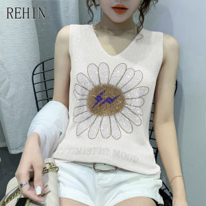 REHIN Womens top Summer new V-neck slim fit with Sleeveless T-shirt suspenders heavy ironing drill knitted small tanks