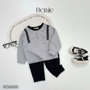 Set bộ tay dài họa tiết đai in kèm quần dài da cá cho bé trai size 1 đến 7 tuổi BERNIE 0524B03
